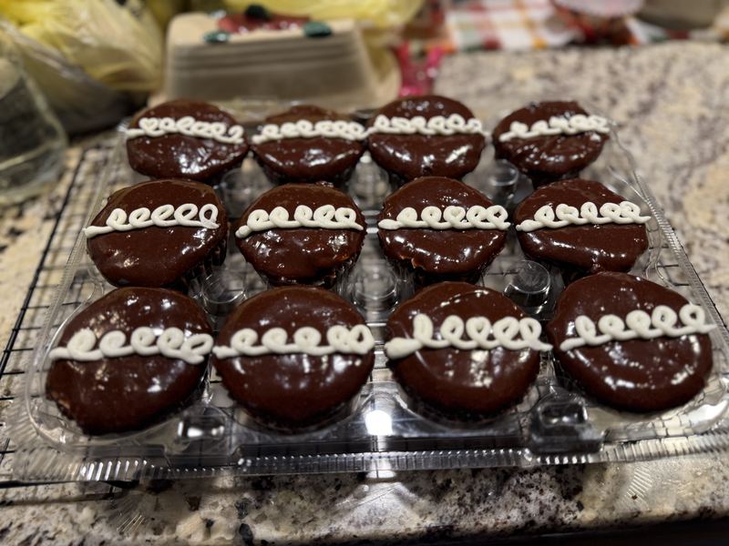 A dozen chocolate-glazed cream-filled cupcakes in a bakery clamshell