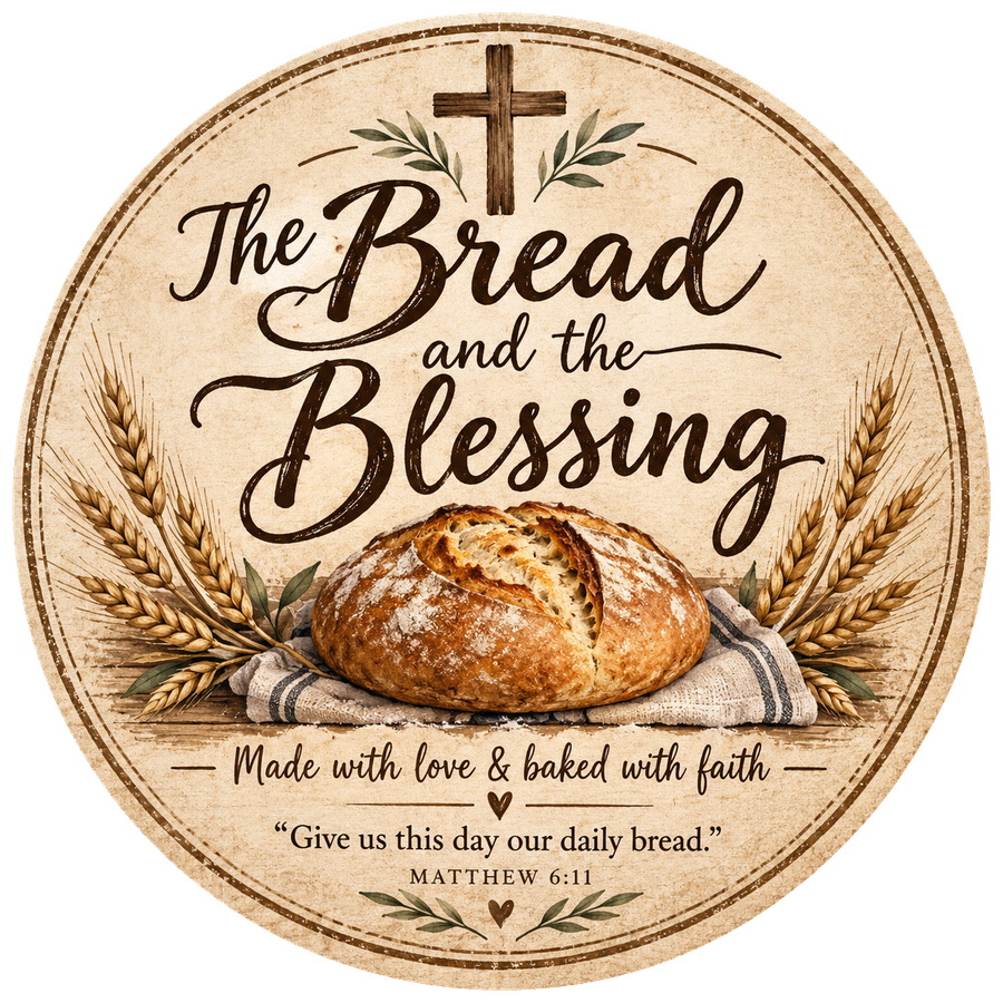 The Bread and the Blessing logo: a rustic loaf between wheat stalks under a wooden cross. Made with love & baked with faith.