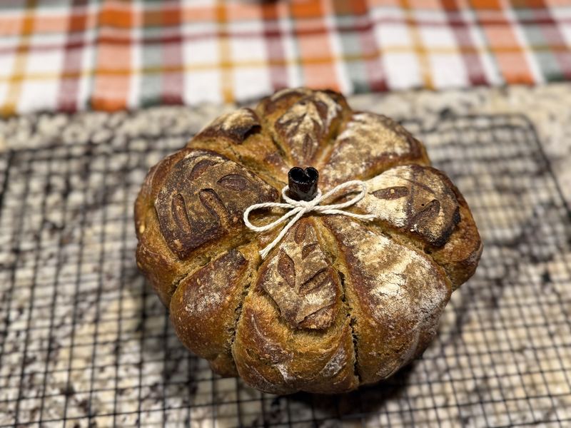 A pumpkin-shaped sourdough loaf tied with twine and a cinnamon-stick stem